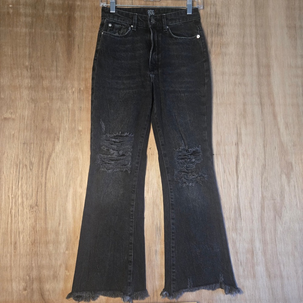 Black Distressed Flare Jeans High Rise Frayed Hem Size 24 Streetwear Grunge BDG